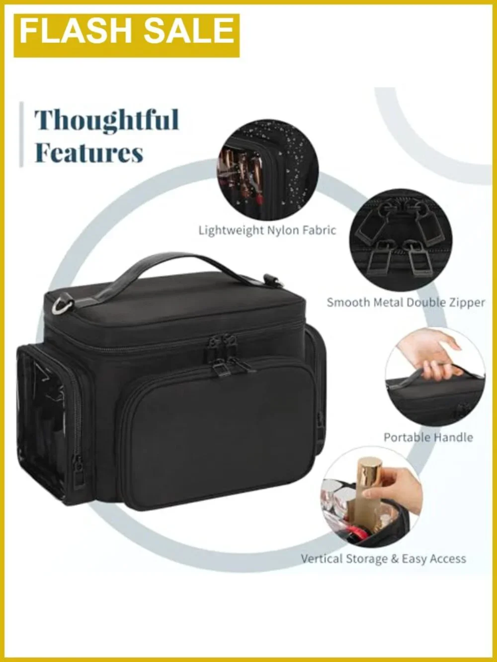 Travel Makeup Bag Cosmetic Organizer with Shoulder Strap and Brush